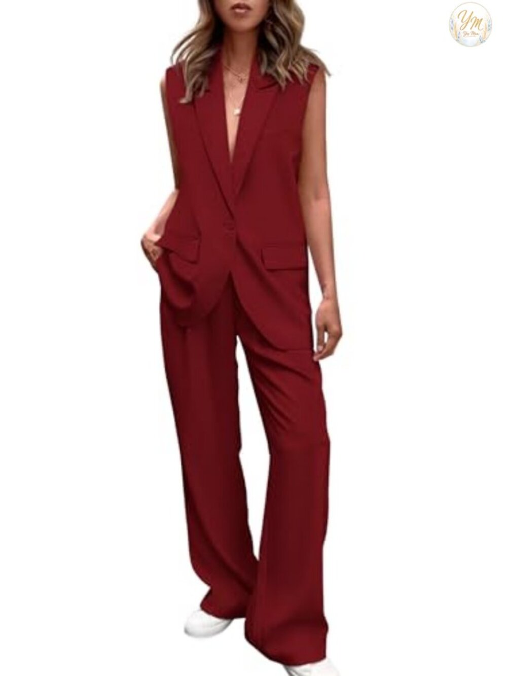 Womens 2 Piece Blazer Set Sleeveless V Neck Vest Wide Leg Palazzo Pants